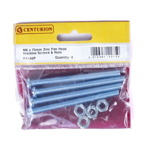 Centurion M6 x 75mm Machine Screws & Nuts - Zinc Plated - (Pack of 4) - Pack of 5