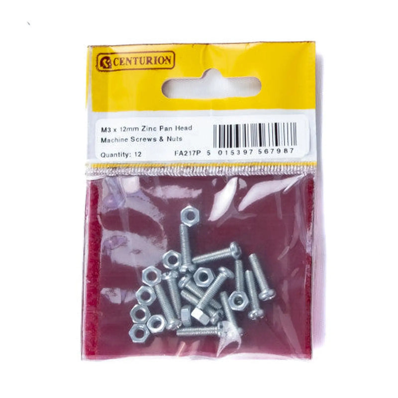 Centurion M3 x 12mm Machine Screws & Nuts - Zinc Plated - (Pack of 12) - Pack of 5