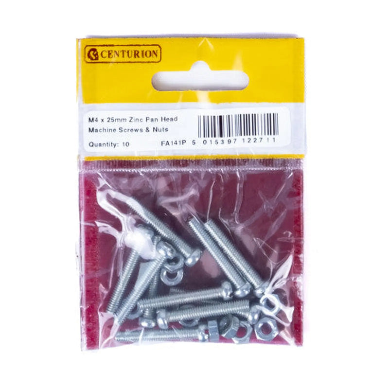 Centurion M4 x 25mm Machine Screws & Nuts - Zinc Plated - (Pack of 10) - Pack of 5