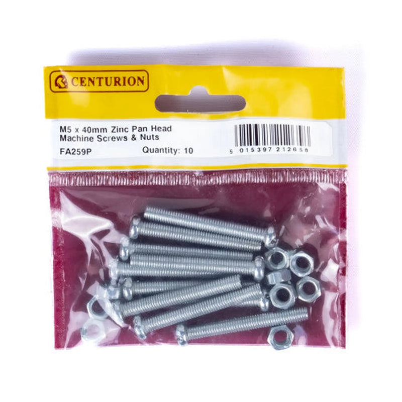 Centurion M5 x 40mm Machine Screws & Nuts - Zinc Plated - (Pack of 10) - Pack of 5