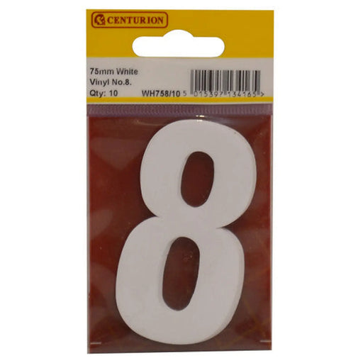 Centurion 75mm White Helvetica Bold Condensed Style Vinyl Number 8 (Pack of 10) - Min Order 2
