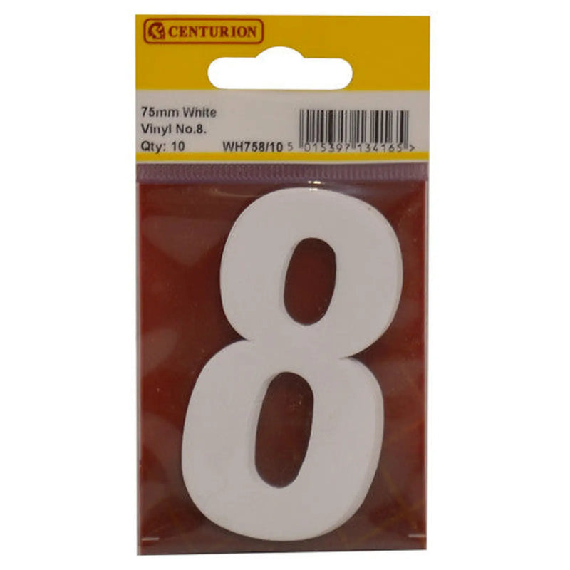 Centurion 75mm White Helvetica Bold Condensed Style Vinyl Number 8 (Pack of 10) - Min Order 2
