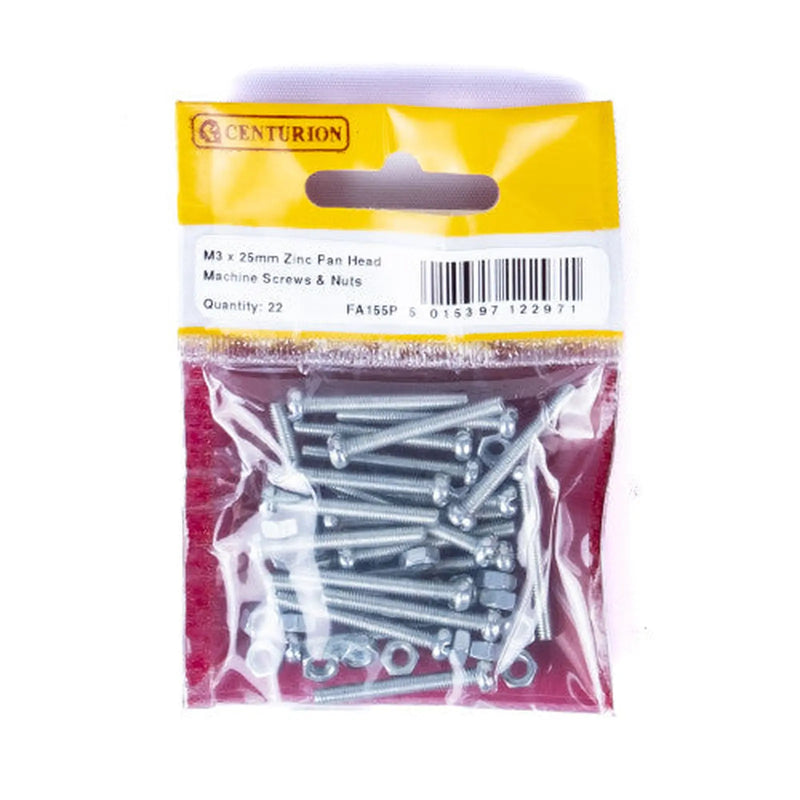 Centurion M3 x 25mm Machine Screws & Nuts - Zinc Plated - (Pack of 22) - Pack of 5