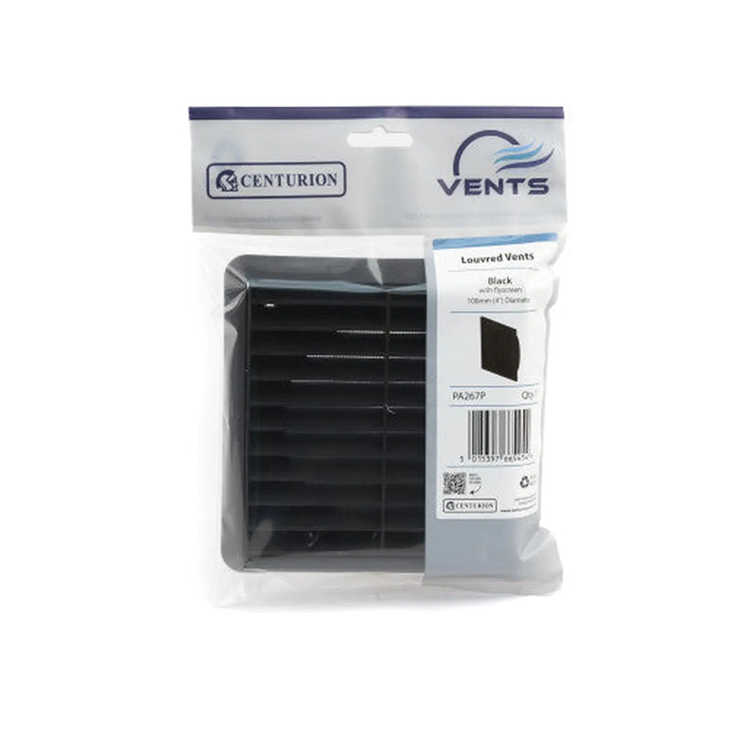 Centurion Louvred Grille with Flyscreen - Black - 100mm - Pack of 5