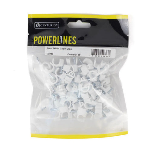 Centurion Round Cable Clips - White - 8mm - (80 PK) - Pack of 5