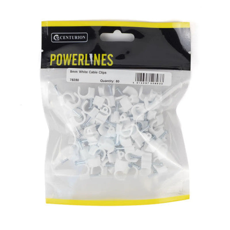 Centurion Round Cable Clips - White - 8mm - (80 PK) - Pack of 5