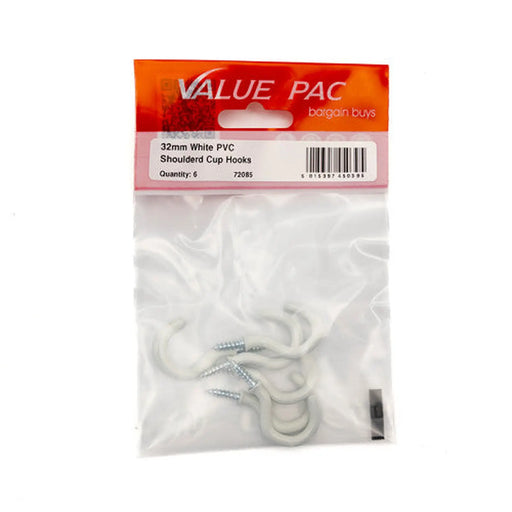 Centurion 32mm White PVC Shouldered Cup Hooks (Pack of 6) - Pack of 10
