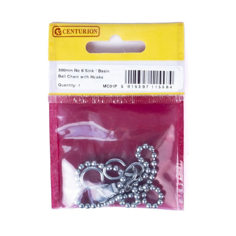 Centurion Sink Ball Chain With Hooks, Chrome Plated, 300mm, No.6 - Pack of 5