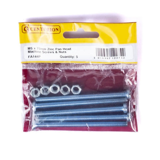 Centurion M5 x 75mm Machine Screws & Nuts - Zinc Plated - (Pack of 5)