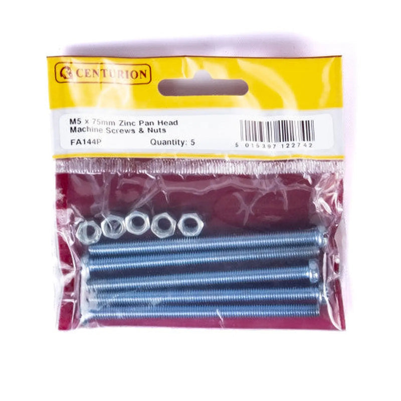 Centurion M5 x 75mm Machine Screws & Nuts - Zinc Plated - (Pack of 5)