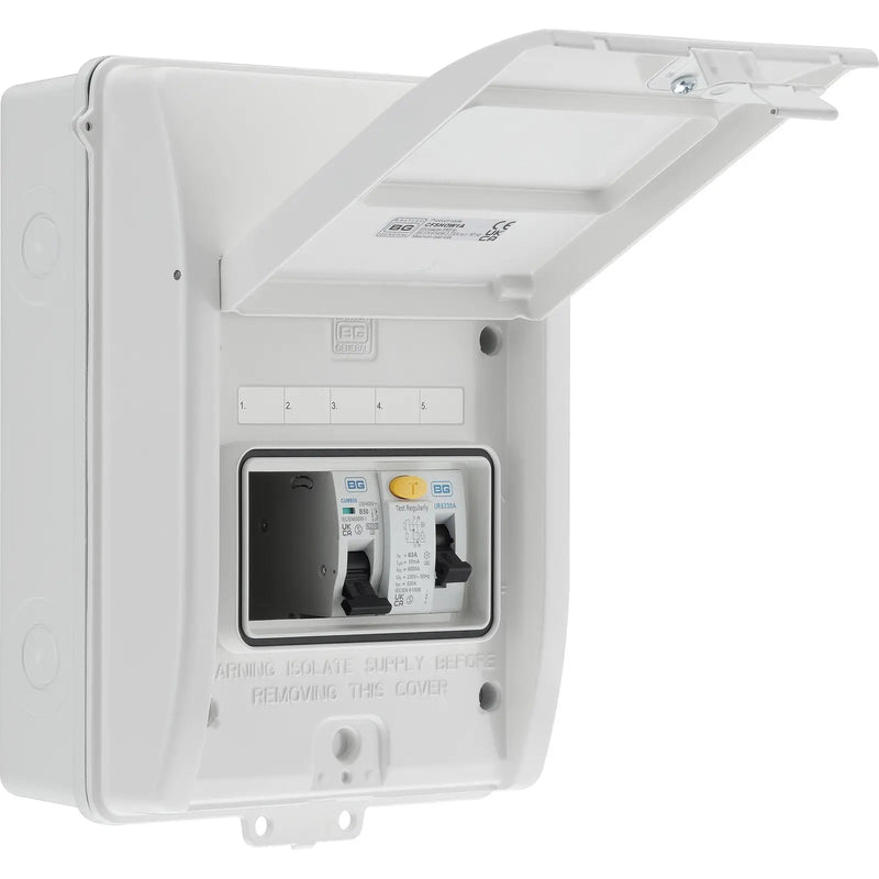 BG Circuit Protection IP65 Weatherproof - 5 module, 3 way, 63A Type A RCD, 1 MCB