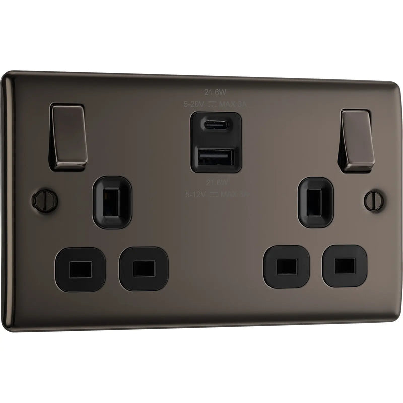 BG Electrical Nexus Metal Black Nickel - Double switched single pole, with USB A + C (22W)