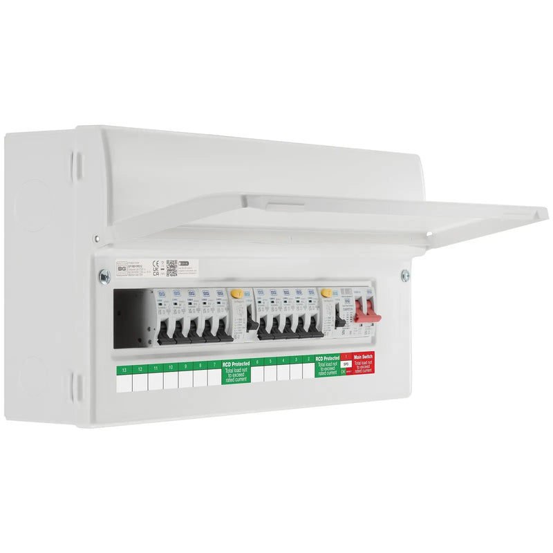 BG Circuit Protection Dual RCD SPD - 19 module, 12way, 100A Main Switch, 2 x 100A Type A RCD, Type 2 SPD