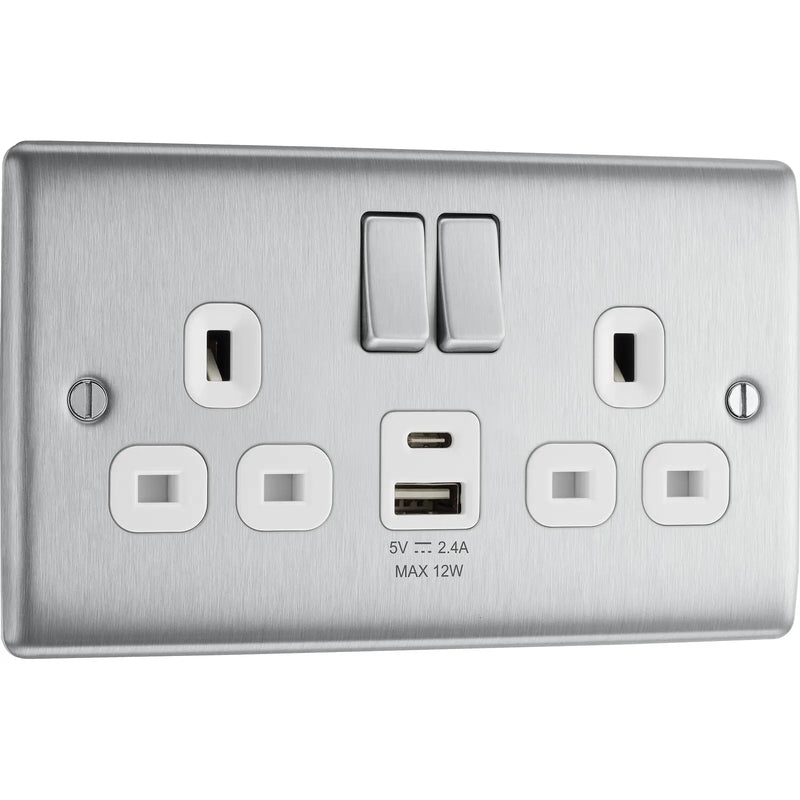 BG Electrical Nexus Metal Brushed Steel - Double switched single pole, with USB A + C (12W)