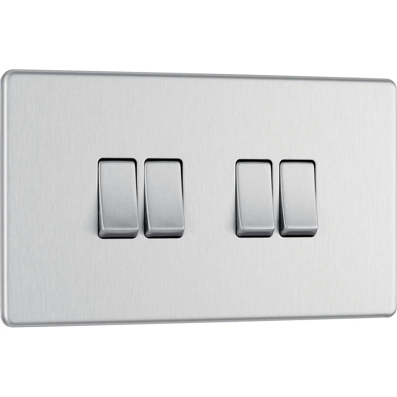 BG Electrical Flatplate Screwless Brushed Steel - Quadruple, 2 way switch