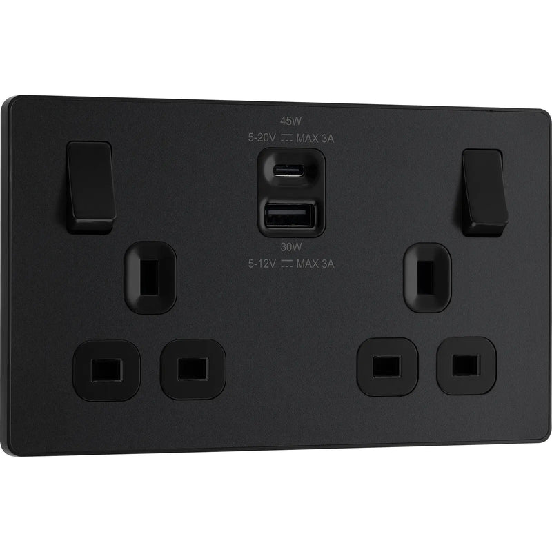 BG Electrical Evolve Matt Black - Double switched single pole, with USB A + C (45W)