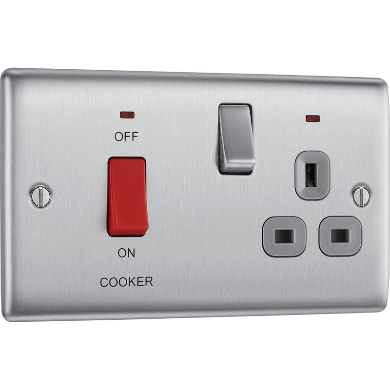 BG Electrical Nexus Metal Brushed Steel - 45A double pole, with switched socket and indicators