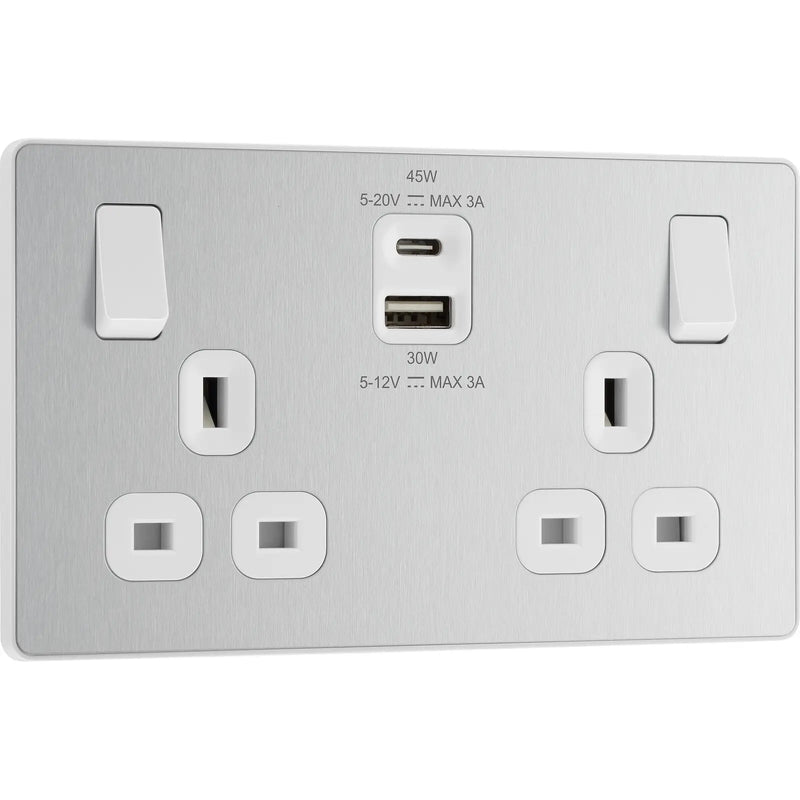 BG Electrical Evolve Brushed Steel - Double switched single pole, with USB A + C (45W)