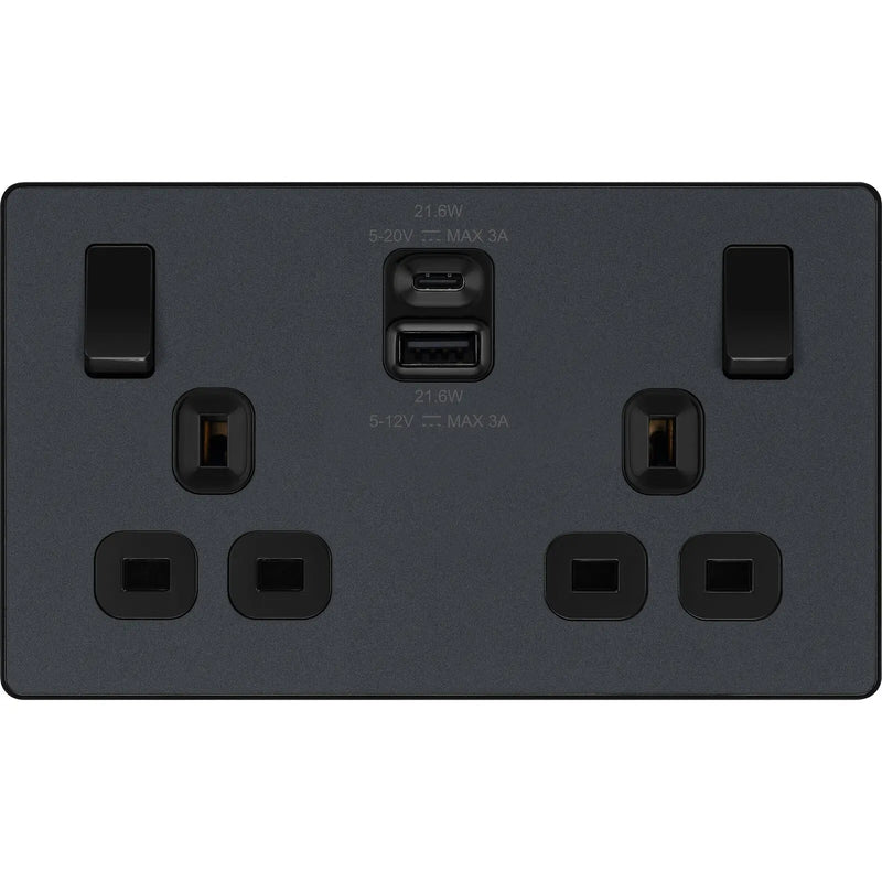 BG Electrical Evolve Matt Grey - Double switched single pole, with USB A + C (22W)