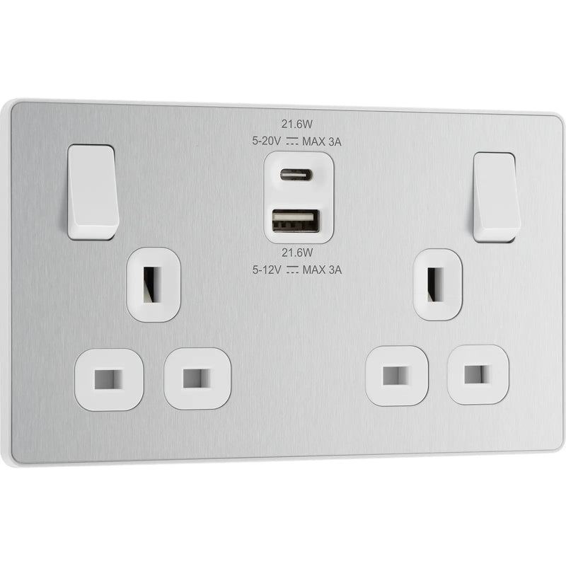 BG Electrical Evolve Brushed Steel - Double switched single pole, with USB A + C (22W)