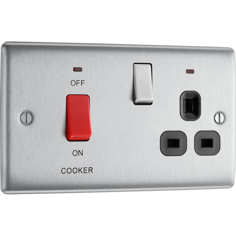 BG Electrical Nexus Metal Brushed Steel - 45A double pole, with switched socket and indicators