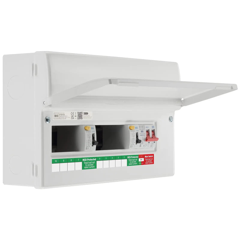 BG Circuit Protection Dual RCD SPD - 16 module, 9 way, 100A Main Switch, 2 x 100A Type A RCD, Type 2 SPD