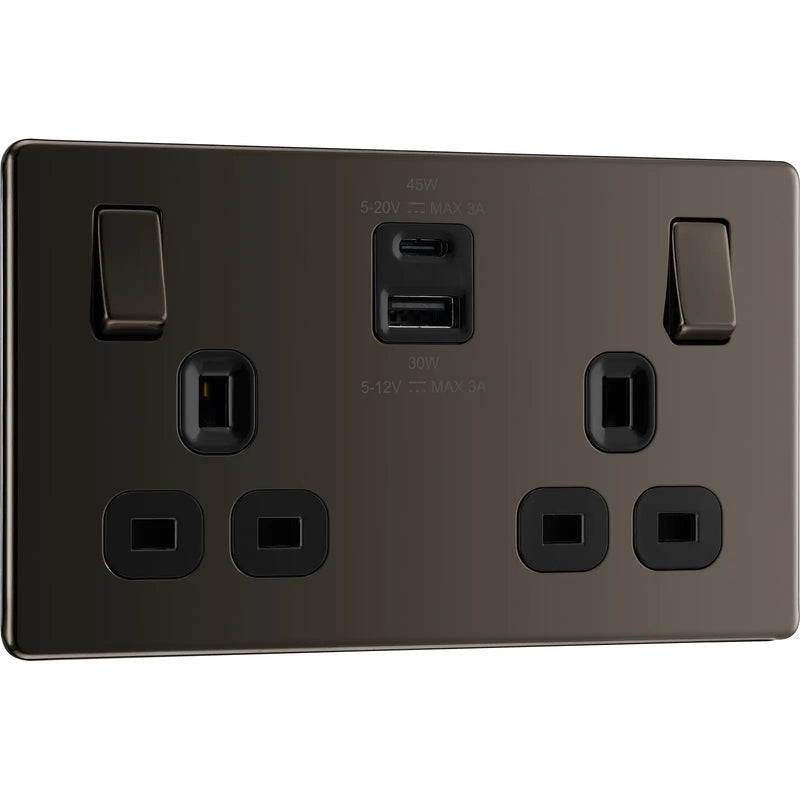 BG Electrical Flatplate Screwless Black Nickel - Double switched single pole, with USB A + C (45W)