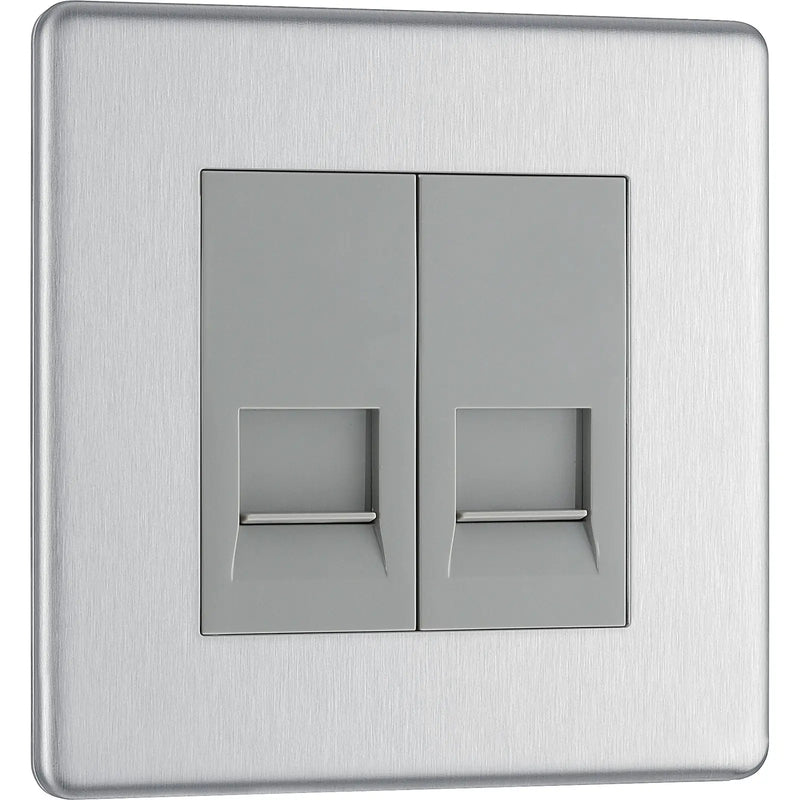 BG Electrical Flatplate Screwless Brushed Steel - Double, telephone socket, secondary