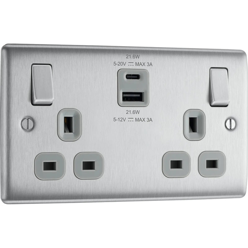 BG Electrical Nexus Metal Brushed Steel - Double switched single pole, with USB A + C (22W)
