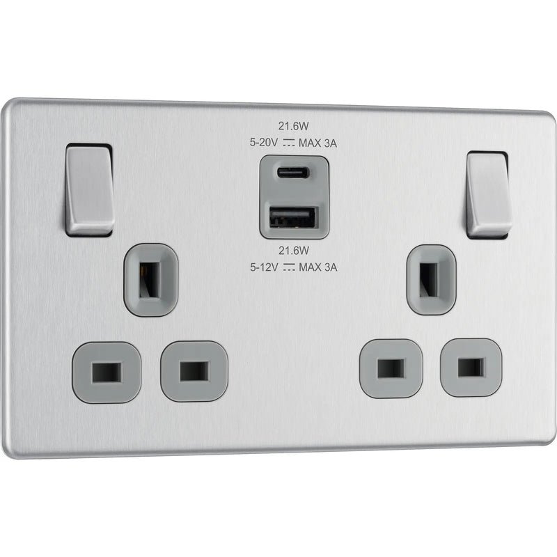 BG Electrical Flatplate Screwless Brushed Steel - Double switched single pole, with USB A + C (22W)
