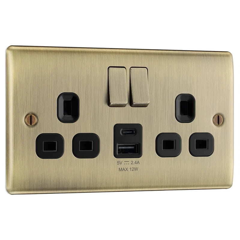 BG Electrical Nexus Metal Antique Brass - Double switched single pole, with USB A + C (12W)