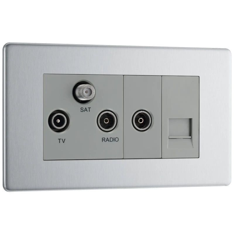 BG Electrical Flatplate Screwless Brushed Steel - Triplex with BT outlet and co-axial return - screened