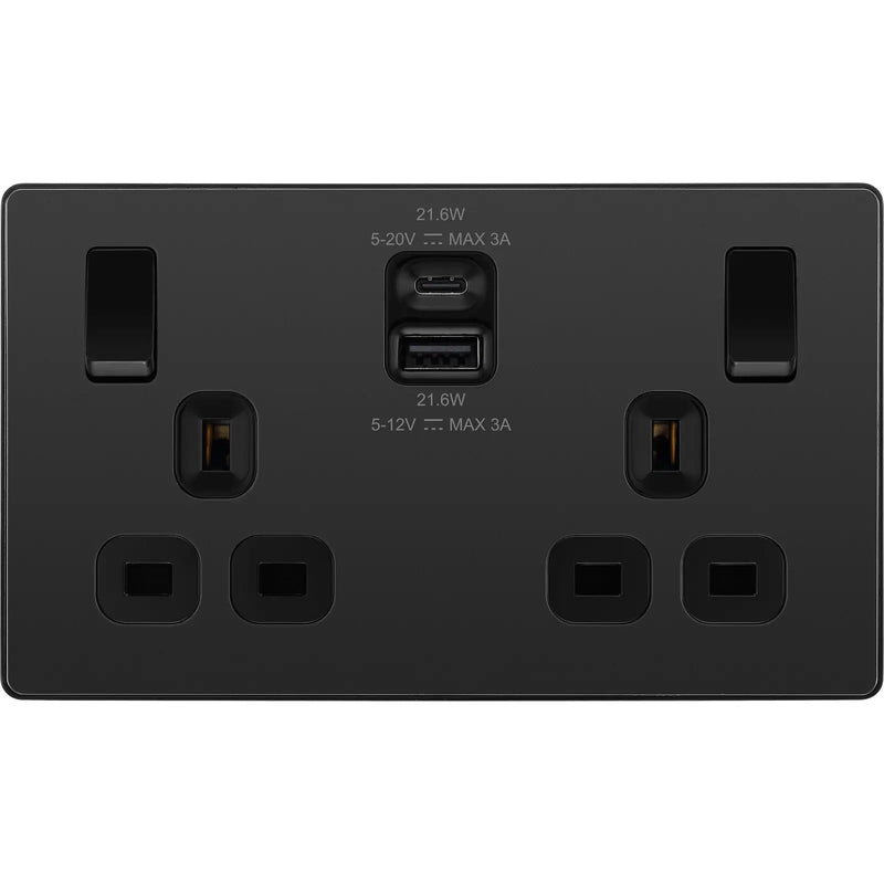 BG Electrical Evolve Black Chrome - Double switched single pole, with USB A + C (22W)