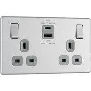 BG Electrical Flatplate Screwless Brushed Steel - Double switched single pole, with USB A + C (45W)