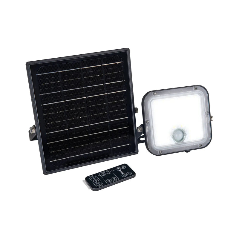 Luceco Mensa - Mensa Decorative Outdoor Solar Security Floodlight with PIR Motion Sensor and Remote Control, Colour Change (CCT), LED Exterior Lighting, Black, 10W, 1500lm, 3000K & 4000K