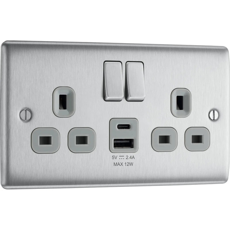BG Electrical Nexus Metal Brushed Steel - Double switched single pole, with USB A + C (12W)