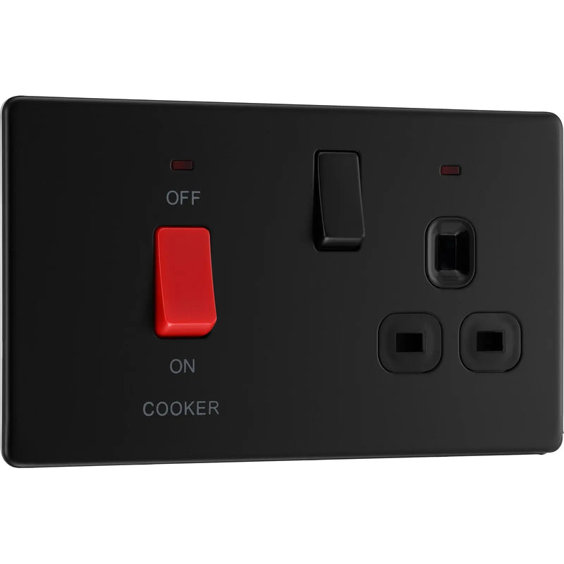 BG Electrical Flatplate Screwless Matt Black - 45A double pole, with switched socket and indicators
