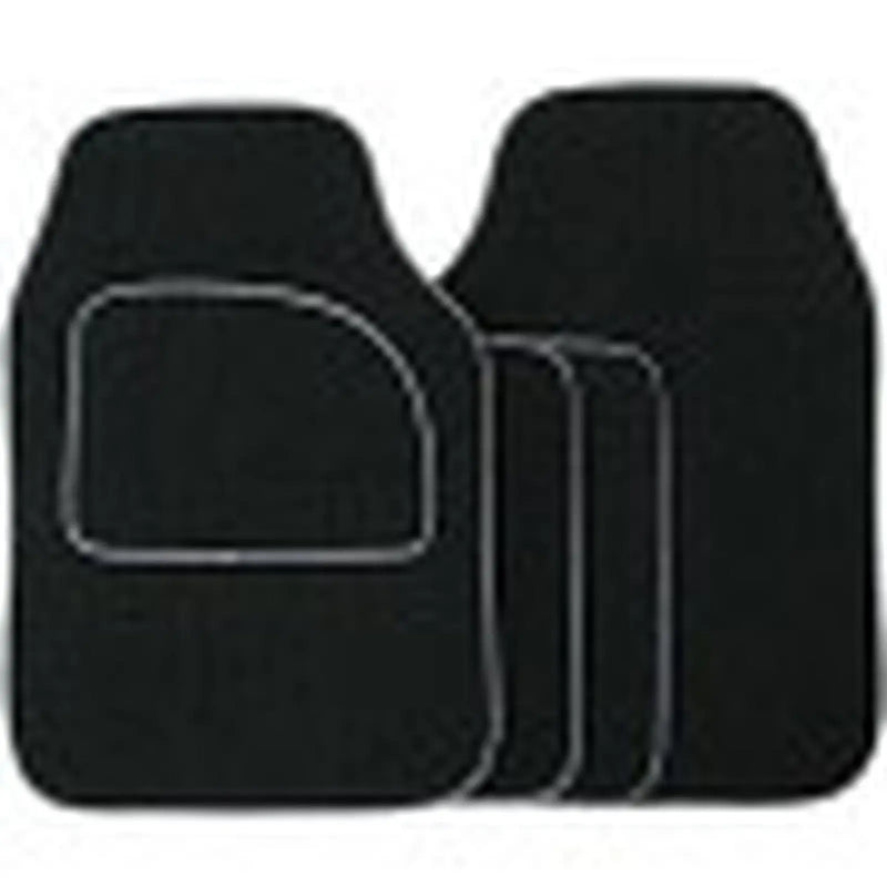 Streetwize Velour Carpet Mat Sets with Coloured Binding - 4 Piece Black With Grey Piping