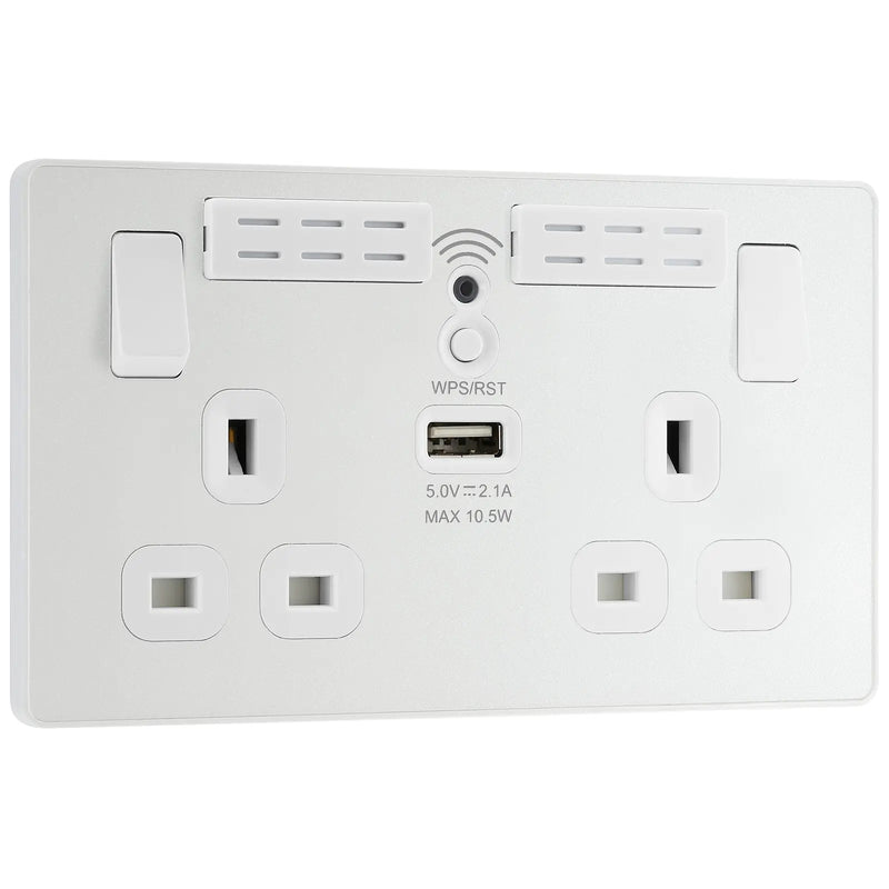 BG Electrical Evolve Pearlescent White - Double, switched, single pole, WiFi Extender + USB A