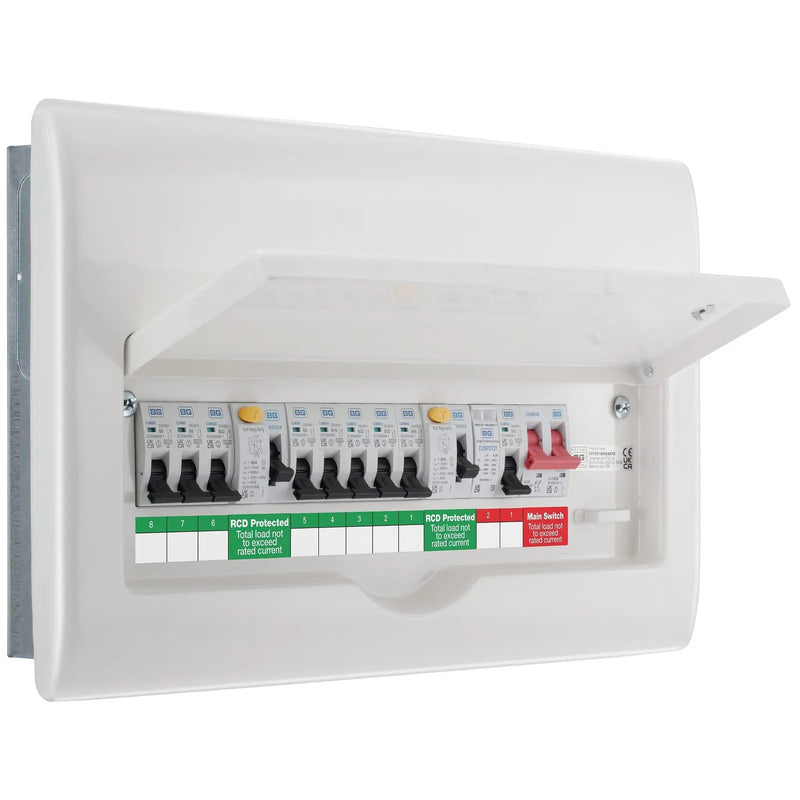 BG Circuit Protection Dual RCD SPD - 16 module, 8 way, 100A Main Switch, 80A/80A Type A RCD, 8 MCB's, Type 2 SPD