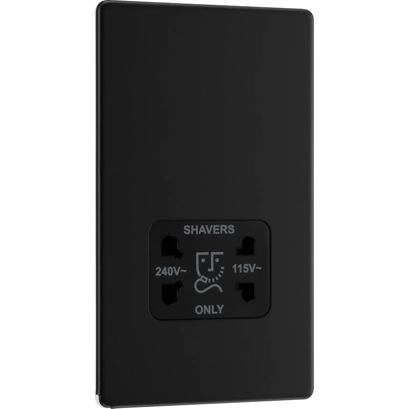 BG Electrical Flatplate Screwless Matt Black - 115/240V dual voltage shaver socket