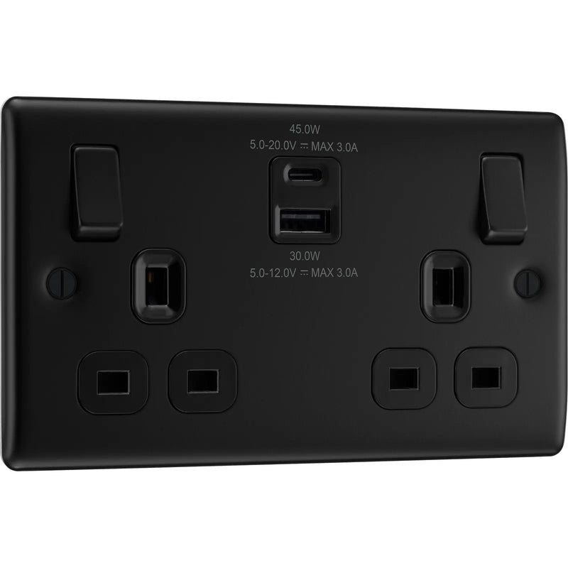 BG Electrical Nexus Metal Matt Black - Double switched single pole, with USB A + C (45W)