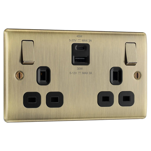 BG Electrical Nexus Metal Antique Brass - Double switched single pole, with USB A + C (45W)