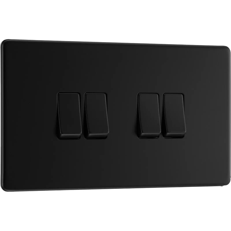 BG Electrical Flatplate Screwless Matt Black - Quadruple, 2 way switch