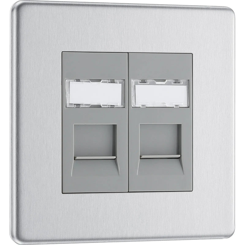 BG Electrical Flatplate Screwless Brushed Steel - Double, RJ45 telephone socket
