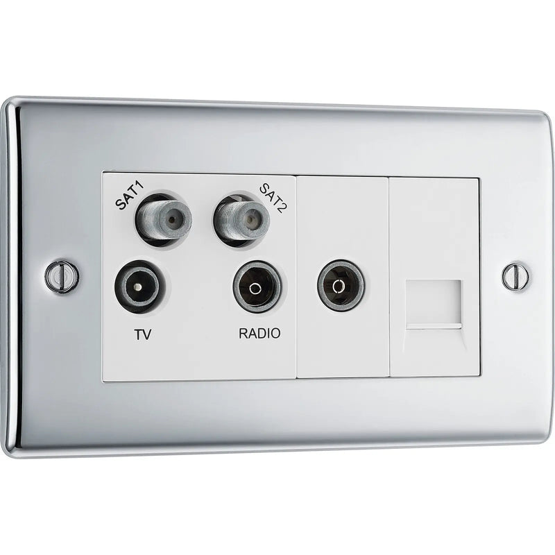 BG Electrical Nexus Metal Polished Chrome - Quadplex, 2 x sat, BT outlet and co-ax returned - screened