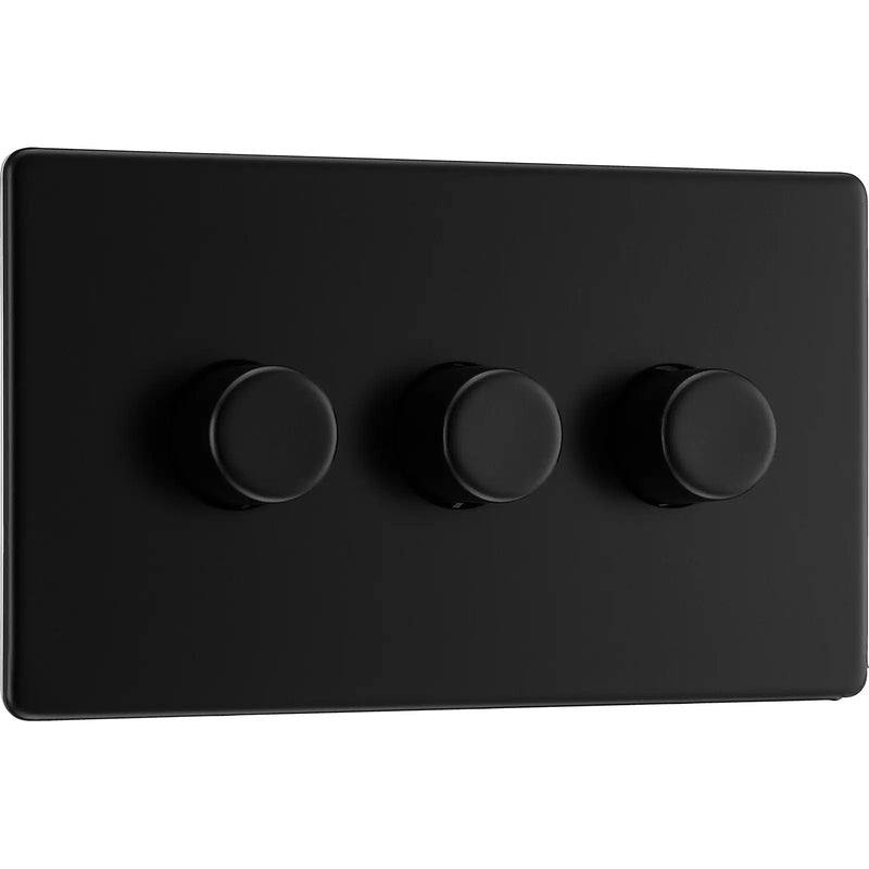 BG Electrical Flatplate Screwless Matt Black - Triple, 2 way push 200W