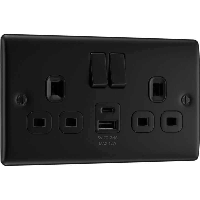 BG Electrical Nexus Metal Matt Black - Double switched single pole, with USB A + C (12W)