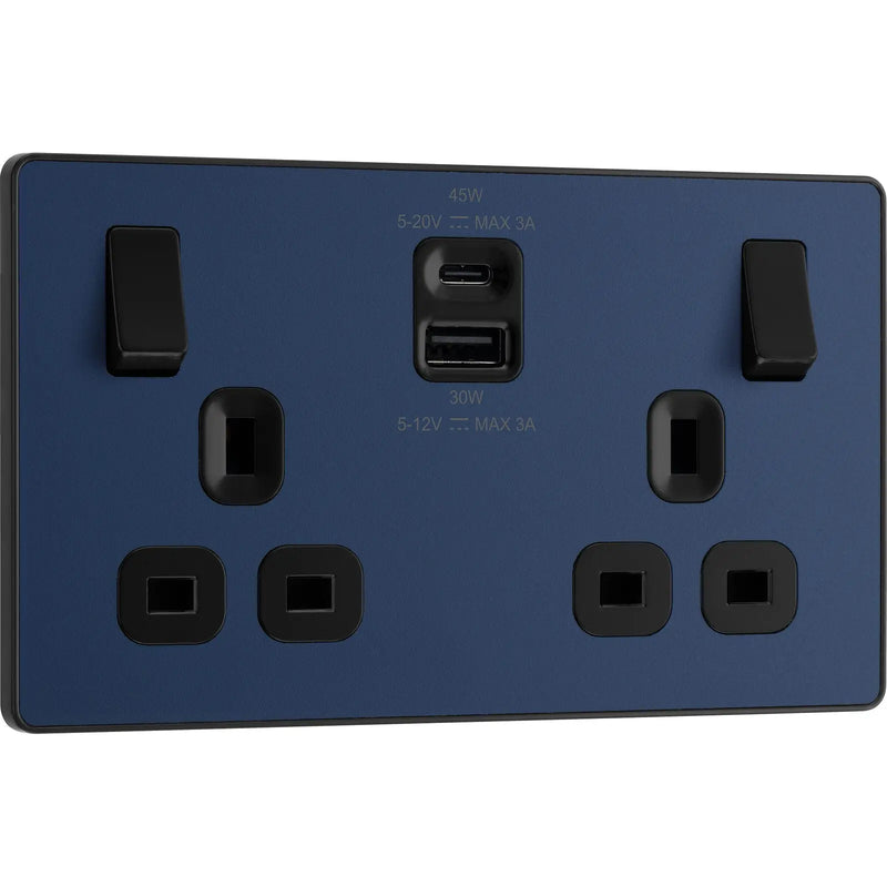 BG Electrical Evolve Matt Blue - Double switched single pole, with USB A + C (45W)