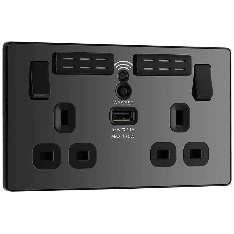 BG Electrical Evolve Black Chrome - Double, switched, single pole, WiFi Extender + USB A